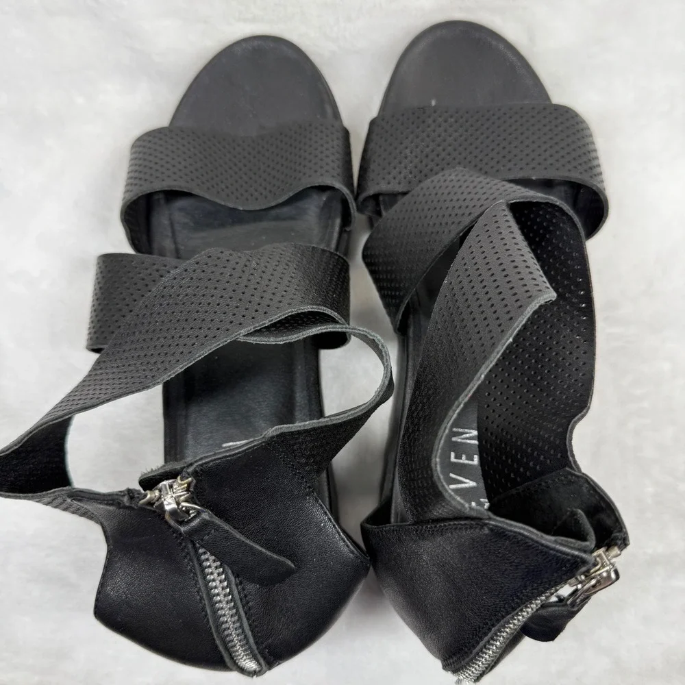 Steven by Steve Madden Kari Black Leather Perforated Platform Sandals Womens 11M